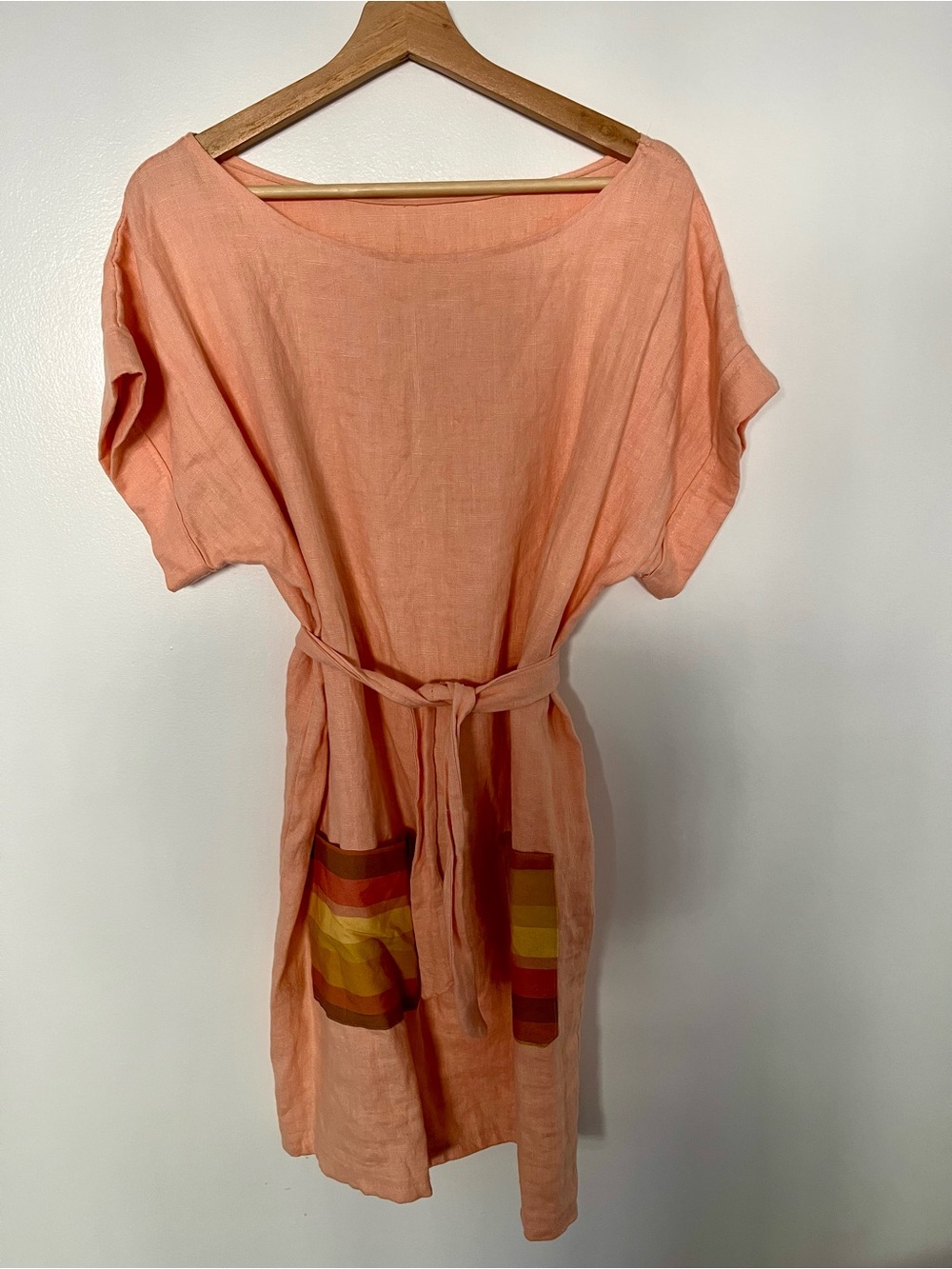 Handmade 100% Linen Peach Shift Dress w/ Removable Belt Tie
